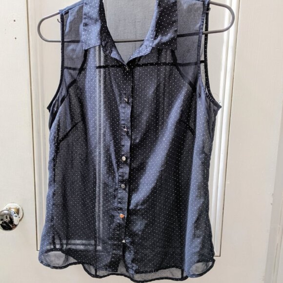 Sheer Navy Blue Button Down Sleeveless Shirt w/ Silver Polka Dots & Pear… - Picture 7 of 10